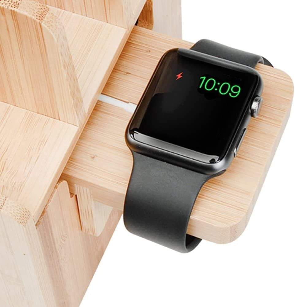 Bamboo Charging Station with Watch Charger Adapter – Multi-Device Organizer for Desk or Nightstand